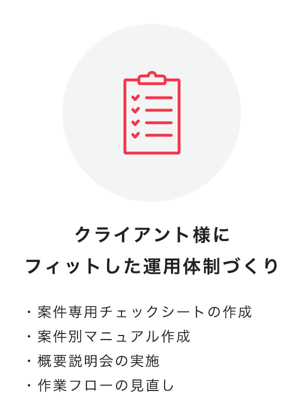 クライアント様にフィットした運用体制づくり ・案件専用チェックシートの作成 ・案件別マニュアル作成 ・概要説明会の実施 ・作業フローの見直し