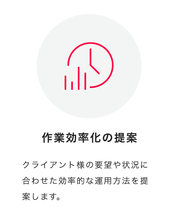 作業効率化の提案 クライアント様の要望や状況に合わせた効率的な運用方法を提案します。